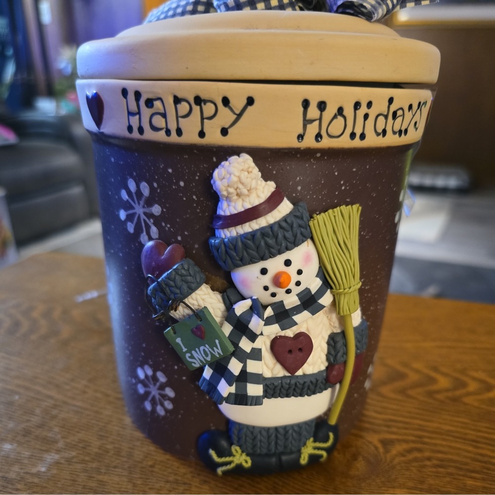 World China Happy Holidays ceramic snowman & snowflakes cookie jar